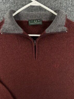 VTG Fred Perry Red Mens Wool Long Sleeve Pullover Italy Sweater 1/4 Zip Logo XL
